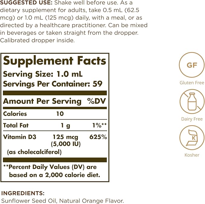 Solgar Liquid Vitamin D3 125 mcg (5,000 IU) - 2 fl oz, Pack of 2 - Natural Orange Flavor - Helps Maintain Healthy Bones & Teeth - Immune System Support - Gluten & Dairy Free - 118 Total Servings