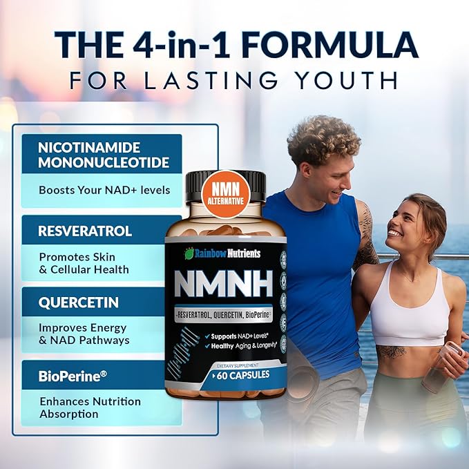 NMNH Supplement (NMN Alternative) NAD Booster for Anti-Aging, Cellular Energy & Nice Skin- Dihydronicotinamide mononucleotide, Resveratrol, Quercetin & BioPerine® for Max Absorption- 60 caps