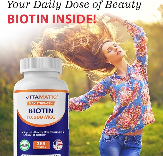 Vitamatic Biotin 10,000 mcg (10 mg) for Stronger Hair, Skin & Nails - 365 Vegan Tablets- Also Called Vitamin B7-4 Pack