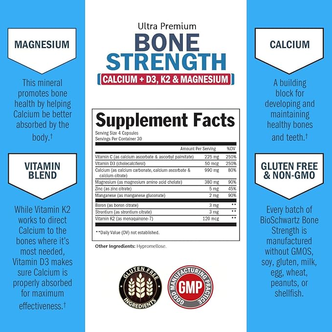 BioSchwartz Bone Strength Supplement - Gentle Non-Constipating Bone Health Supplement for Women & Men with 9-in-1 Complex with Calcium Magnesium Zinc D3 K2 & More - 3rd Party Tested - 1 Month