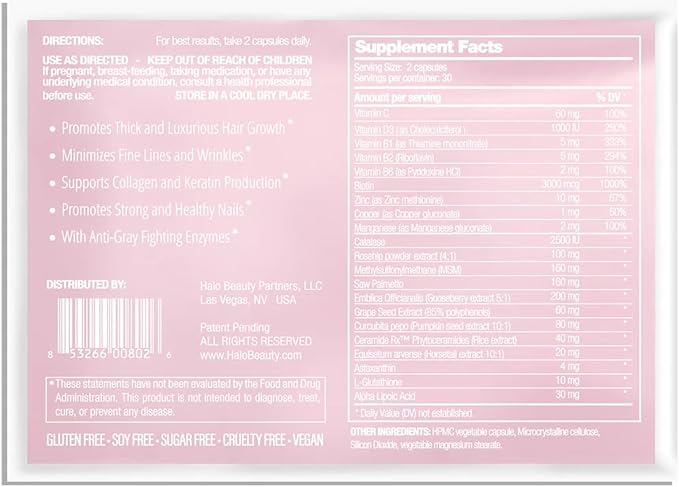 Halo Beauty Hair Skin & Nails Supplement Refill Pack | Thicker Hair Growth, Radiant Skin & Strong Nails Support with Biotin, Collagen & Keratin | Women’s Vegan Capsules | Made in USA | 1-Month Supply