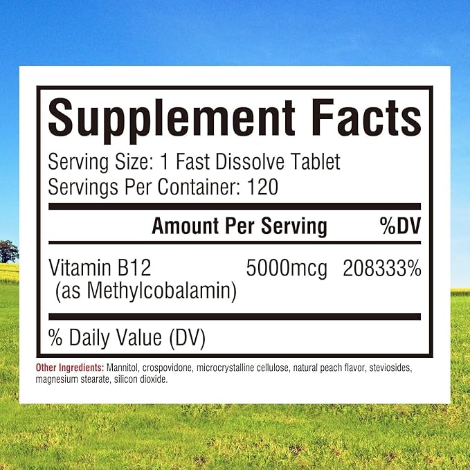 Innate Vitality Vitamin B12 5000mcg, Sublingual, Vegan Methylcobalamin, Fast Dissolve Tablets, Natural Peach Flavor, Supports Energy Production & Healthy Nervous System, 120 Tablets