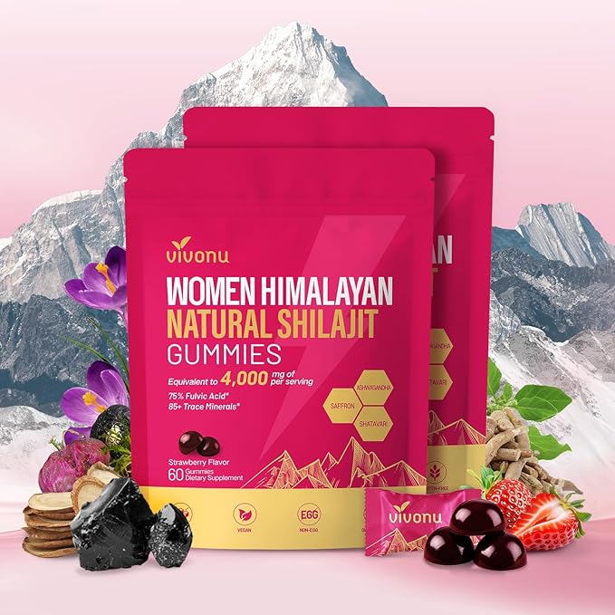 VivoNu Himalayan* Shilajit* Gummies with Ashwagandha* & Gokshura | 85+ Trace Minerals & Fulvic Acid | Organic, Micronutrient Supplement for Men & Women (Women 4000mg / 2 Bag)