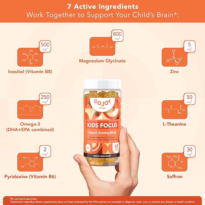 Kids Focus Gummies – Saffron, Magnesium Glycinate, L-Theanine & Inositol Supplement for Kids & Teens – Focus, Attention & Calm – Vegan, Sugar-Free, Non-GMO