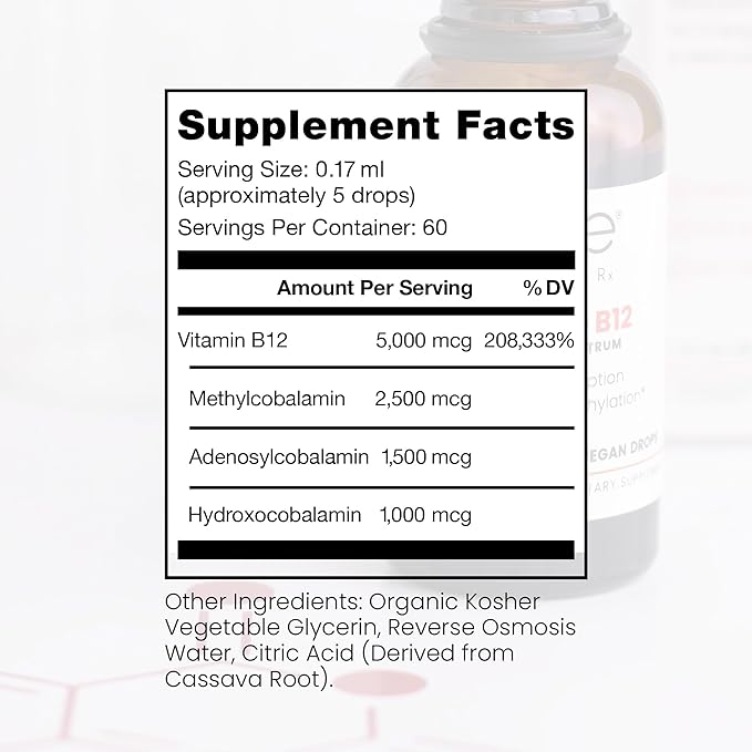 Pure TheraPro BioActive Vegan Methylated Vitamin B12 Sublingual Liquid Methylcobalamin, Hydroxocobalamin & Adenosylcobalamin 1,000 mcg per Drop (5 Drops = 5,000mcg / 2 Month Supply) 10 ml