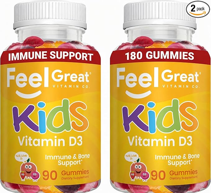 Feel Great Kids Vitamin D3 1000 IU Gummies (2-Pack) | Kids Vitamin D Gummies for Healthy Bones, Mood, & Immune Support | Citrus Flavored Vegetarian D3