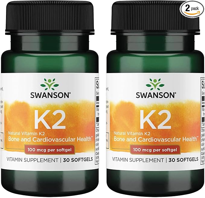 Swanson Vitamin K2 (Menaquinone-7) - Vitamin Supplement Supporting Cardiovascular and Bone Health - Made from Japanese Natto to Help Regulate Calcium - (30 Softgels, 100mcg Each) (2 Pack)