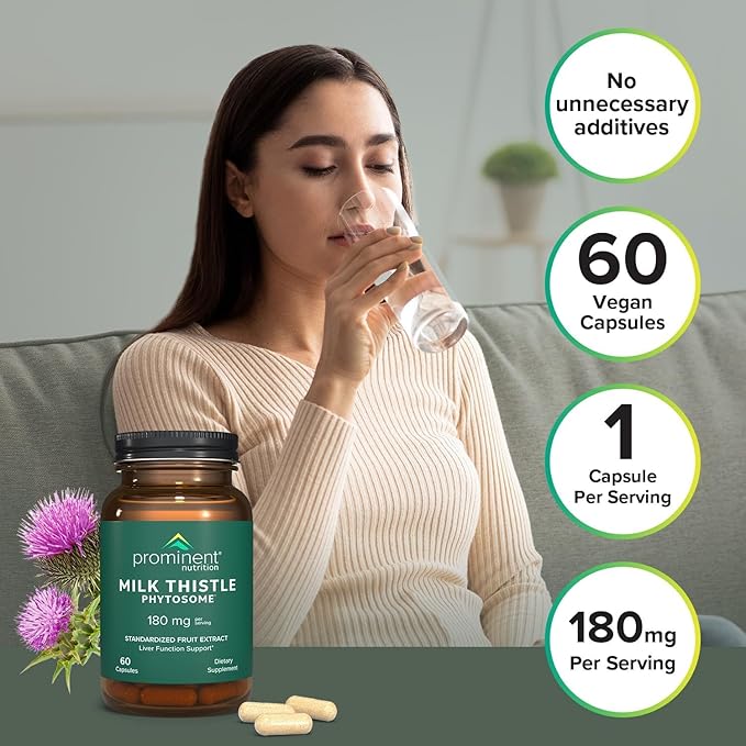 Prominent Nutrition Milk Thistle Phytosome, Clinically Researched Siliphos Milk Thistle Extract for Liver Function, Detox, and Cleanse Support, Standardized to 29% Sylibin, 180 mg, 60 Capsules -1 Pack