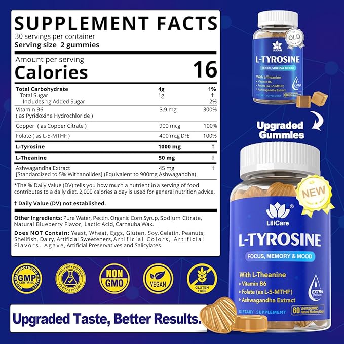 L Tyrosine Calm & Focus Supplement Gummies 1100mg for Adults, L-Tyrosine Brain Supplement Gummies w/ L-Theanine, Ashwagandha, Vitamin B6 & B9 Supplements for Memory, Mood, Relax, Energy -Vegan,120Cts