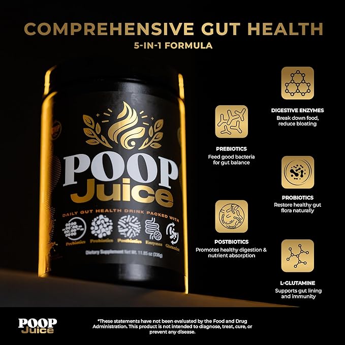 Poop Juice 5-in-1 Daily Fiber Supplement Powder - Bloat & Poop Relief - Prebiotic, Probiotic, Postbiotic, Digestive Enzymes, L-Glutamine - GLP-1 Support - Sugar-Free Georgia Peach Mango (30 Servings)