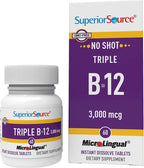 Superior Source NO Shot Triple B-12 3,000 mcg - Cardiovascular System & Energy Support Supplement - Heart Health Support Supplement with Methylcobalamin - 60 Instant Dissolve Tablets