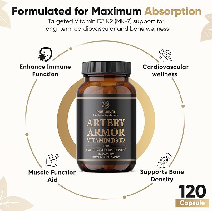 Vitamin D3 K2 Supplement 5000 IU 100 mcg MK7 – High Potency D3+K2 Capsules for Artery Health, Heart Support & Strong Bones Non-GMO Third-Party Tested d3+k2 Vitamin Supplement Artery Armor -120 Count