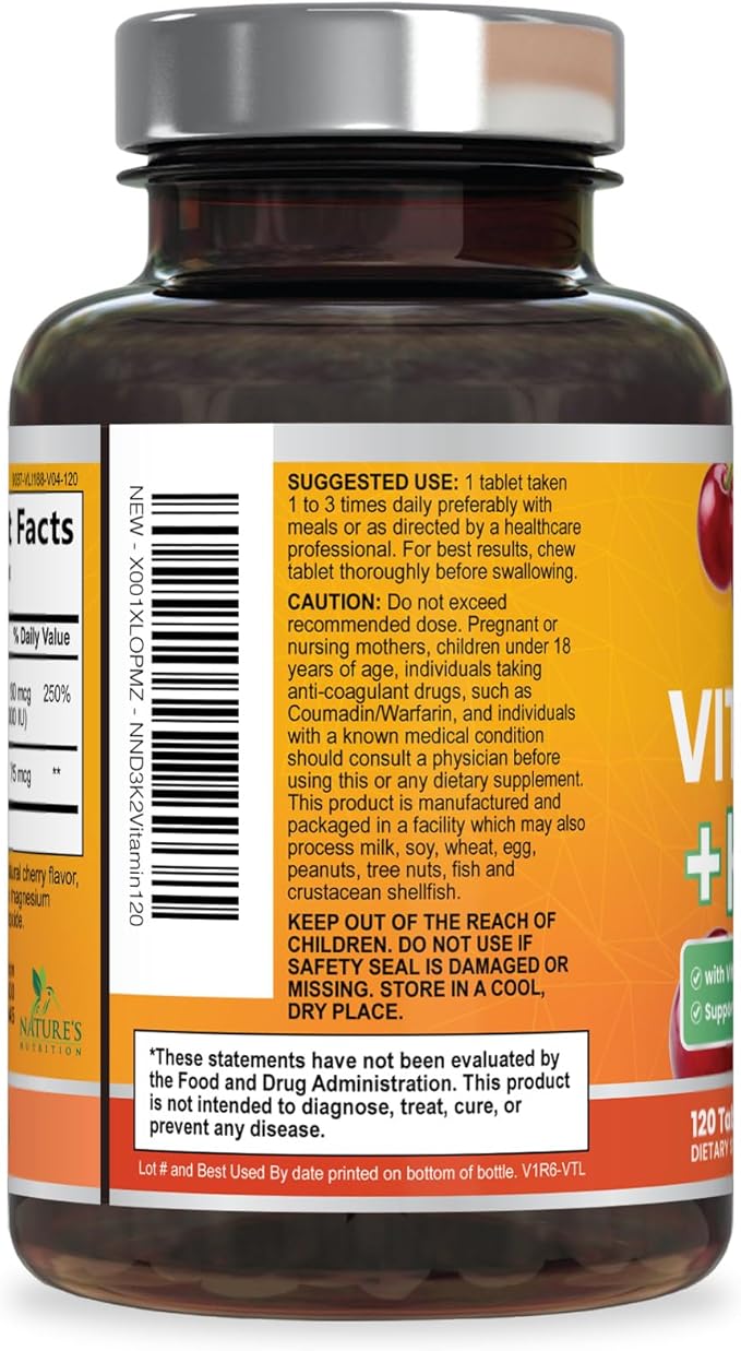 Vitamin D 2000 IU 50mcg Per Tablet - Vitamins D3 & K2 (MK7) Complex Supplement for Bone, Teeth, Muscle, Calcium Absorption, Supports Immune & Heart Health, Chewable Formula USA Bottled - 120 Tablets