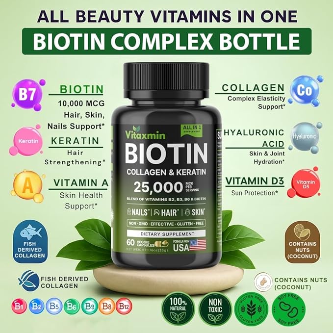 Biotin 10000mcg with Collagen Keratin Hyaluronic Acid - Hair Growth Vitamins for Women & Men - Hair Skin and Nails Vitamins with B Complex - 60 Capsules
