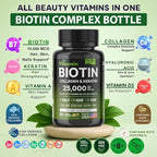 Biotin 10000mcg with Collagen Keratin Hyaluronic Acid - Hair Growth Vitamins for Women & Men - Hair Skin and Nails Vitamins with B Complex - 60 Capsules