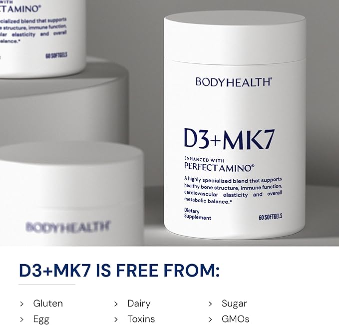 BodyHealth D3 + MK7 - Vitamin D3 5000IU, Vitamin K1, Vitamin K2 - Easy to Swallow Supplement, Supports Bone Strength & Calcium Absorbtion* - 60 Softgels