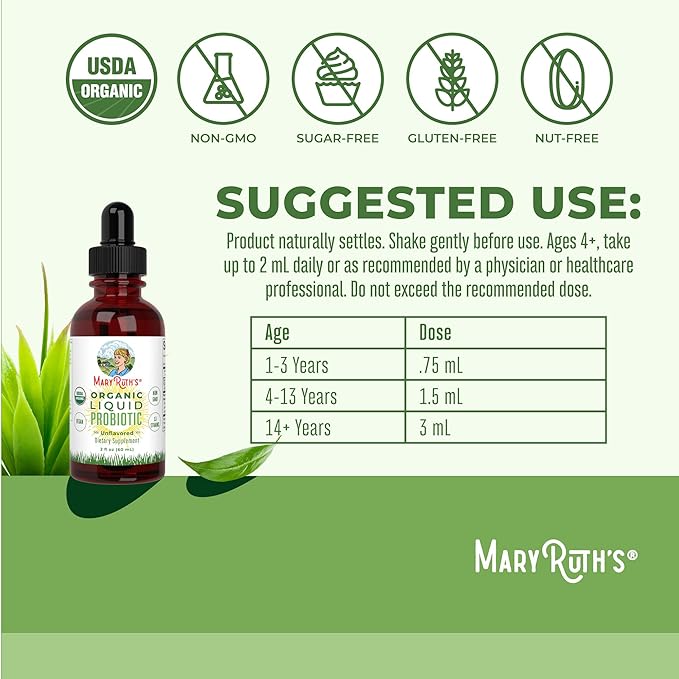 MARYRUTH'S Organics Liquid Probiotic for Ages 4+ | 2 Billion CFU | 13 Probiotic Strains | Gut Health & Digestive Support | Gas & Bloating Support | Vegan | Gluten Free | Travel-Friendly | 20 Servings