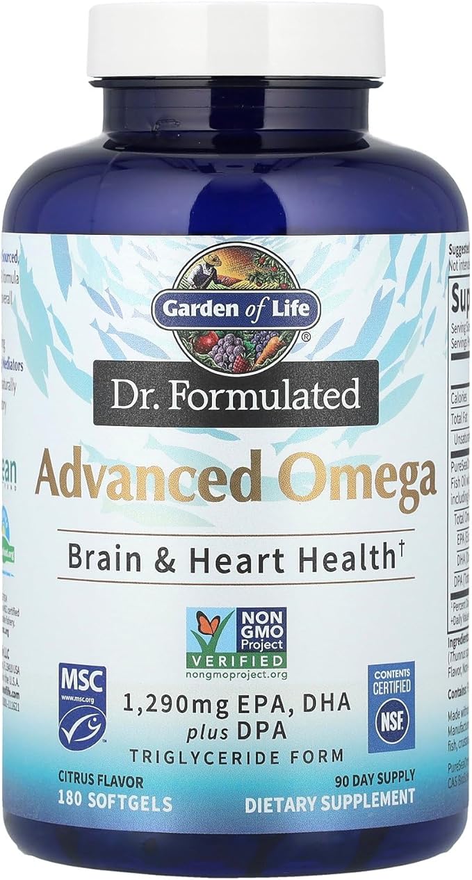 Garden of Life Dr. Formulated Advanced Omega Fish Oil, 1,290mg EPA DHA & DPA in Triglyceride Form - Omega 3 Fish Oil Supplement for Heart Health & Brain Support, Non-GMO, Citrus Flavored, 180 Softgels