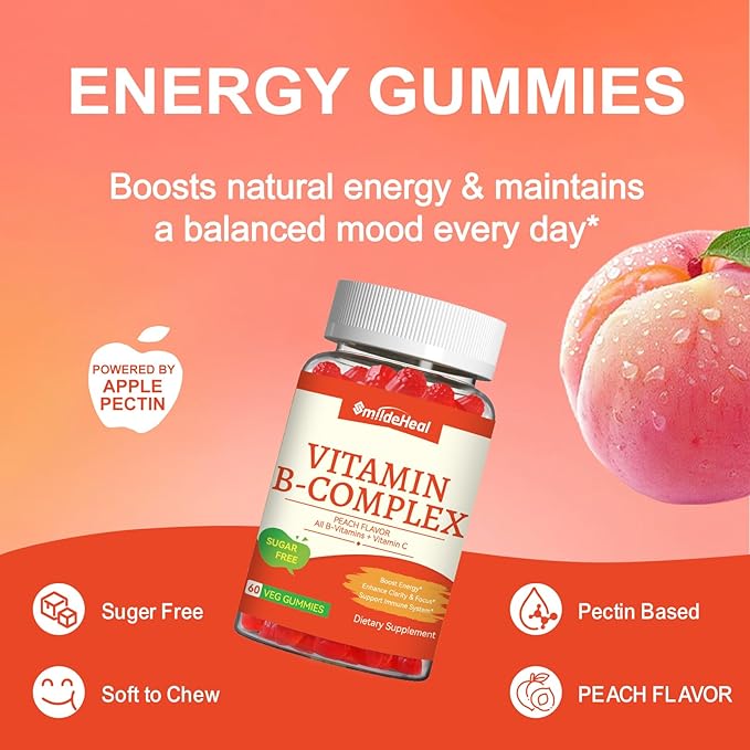 Vitamin B Complex Gummies for Women & Men - Vitamin B12, B1, B2, B3, B5, B6, B7 & B9 - B Complex with Vitamin C & Choline - Energy & Immune Support* - Vegan, Sugar Free, Peach Flavor - 120 Gummies