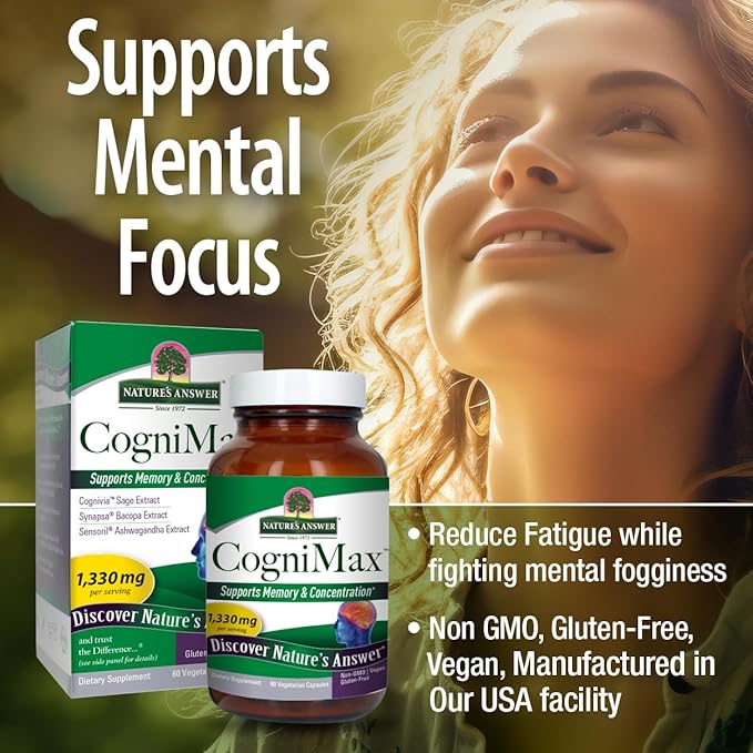 Nature's Answer CogniMax 1330mg Supplement Blend 60-Capsules | Natural Memory, Concentration and Focus Support | Non-GMO, Vegan, Gluten Free | Single Count