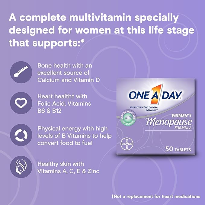 One A Day Women's Menopause Multivitamin with Vitamin A, Vitamin C, Vitamin D, Vitamin E and Zinc for Immune Health Support, Bone health, 50 Count (Packaging May Vary)