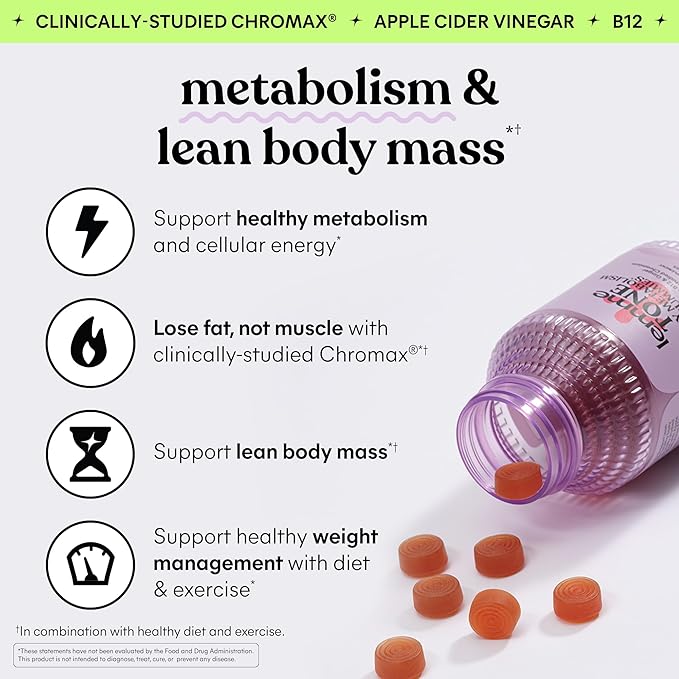 Lemme Tone Metabolism Gummies, Apple Cider Vinegar, Clinically Studied Chromium, B12, Ginger Root Extract, Promote Lean Body Mass, Watermelon Apple Flavor (30 Day Supply)