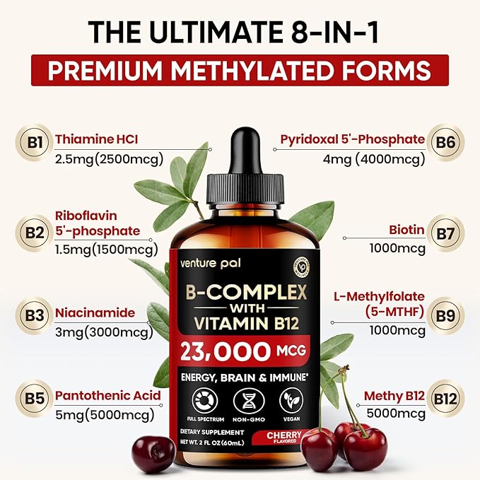 Venture Pal Vitamin B Complex Liquid Drops, B12 Methylcobalamin | B9 Folic | B1,B2,B3,B5,B6,B14 - Vitamin C, Choline, Inositol, Immune & Energy Metabolism, Brain & Heart Support