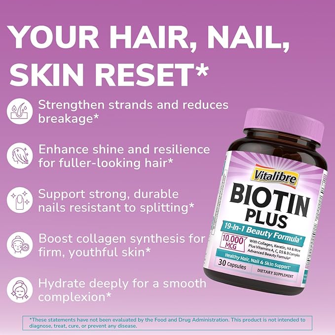 Biotin 10000mcg, Vitamin B7, Hydrolyzed Keratin, Hyaluronic Acid, Collagen, Amino Acids, MSM, Vitamins A, C, D3, B Complex, Hair, Nail, Skin, for Men and Women, 30 Caps