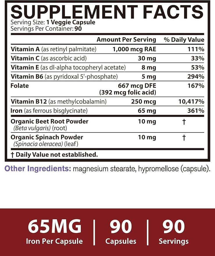 Iron Supplement for Women & Men, 65mg Ferrous Bisglycinate Chelate, Slow Release Iron with Vitamins A C E B6, B12, Folate, Organic Spinach & Beet Root Powder, for Blood Flow & Energy Support, 90 Caps