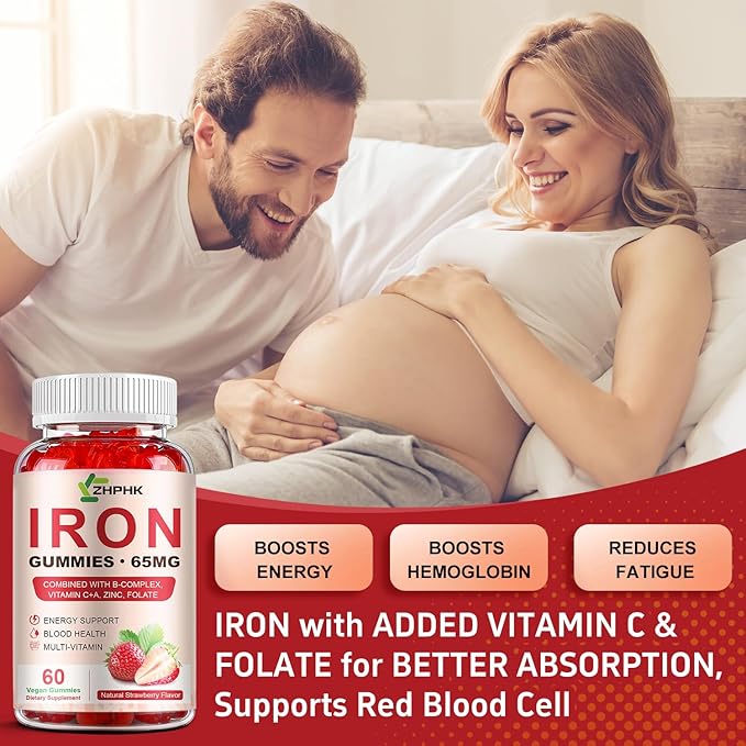 Iron Supplement Gummies, 65mg Iron for Women Men Kids, Natural Vegan Iron Gummy with Folate Gentle on Stomach, Gluten Free, Energy Support & Immune Health, 60 Gummies