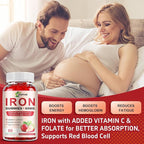Iron Supplement Gummies, 65mg Iron for Women Men Kids, Natural Vegan Iron Gummy with Folate Gentle on Stomach, Gluten Free, Energy Support & Immune Health, 60 Gummies