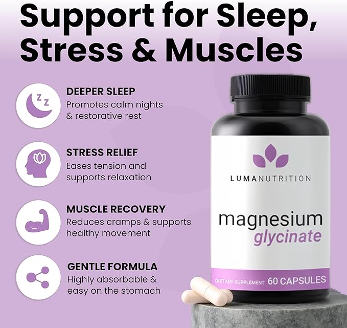 Luma Nutrition Magnesium Glycinate 1000mg Per Serving - Support Stress, Sleep, Nerve & Muscle Health - Pure Magnesium Supplement Capsules - Chelated for High Absorption - 60 Capsules (Pack of 2)