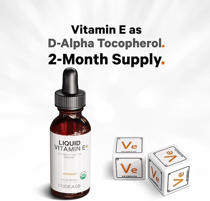 Codeage Liquid Vitamin E+ - USDA-Certified Organic Vitamin E - 2-Month Supply - D-Alpha Tocopherol Acetate, Organic MCT Oil, Orange Fruit Oil, Unflavored, Non-GMO, Vegan, Gluten-Free, 2 fl oz