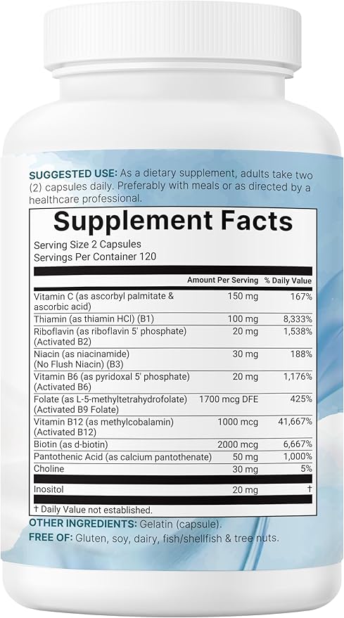 Micro Ingredients Pure Methylated B Complex, 240 Capsules | 11-in-1 Formula with Methylfolate, B12, Thiamin, Inositol, Choline, & Fat Soluble Vitamin C | Clean Ingredients Without Fillers | Non-GMO