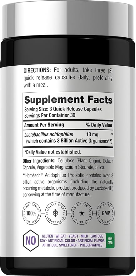 Horbäach Probiotic for Women & Men's Digestive Health | 3 Billion CFU | 90 Capsules | Non-GMO & Gluten Free