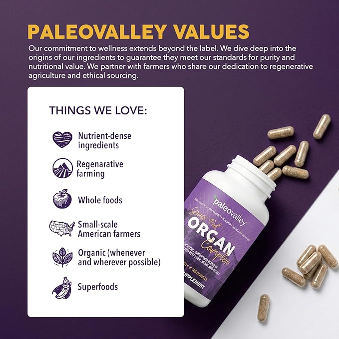 Paleovalley Grass Fed Beef Organ Complex - Freeze-Dried Beef Liver, Heart, and Kidney Blend, 1 Bottle