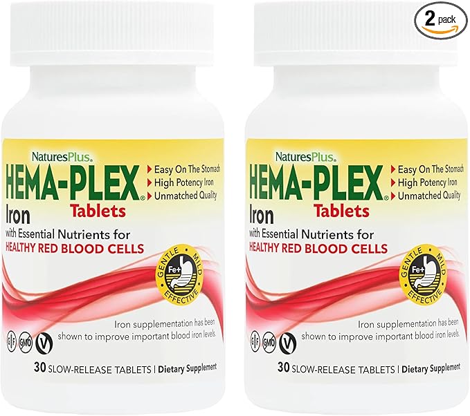 NaturesPlus Hema-Plex Iron - 30 Slow-Release Tablets, Pack of 2 - Total Blood Health - 85 mg Chelated Iron - with Vitamin C & Bioflavonoids - Non GMO, Vegetarian & Gluten Free - 60 Total Servings
