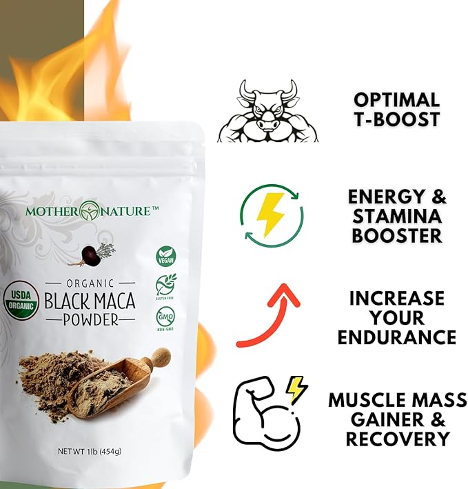 Black Maca Root Powder - Organic Peruvian Maca for Men - Strength, Endurance & Performance Support - Raw, Non-GMO, USDA Certified - 16oz Bulk Supply