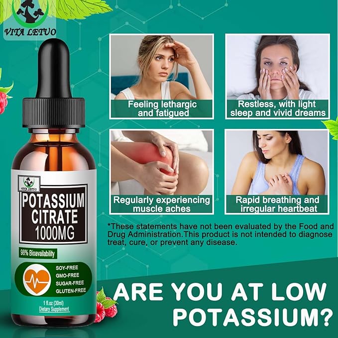 Potassium Citrate Liquid Drops,Potassium Supplement 1000mg Liquid Support Muscle Cramp Relief, Heart Health and Sleep,Highly Absorbable for Adults Women & Men, Vegan, 30 Servings