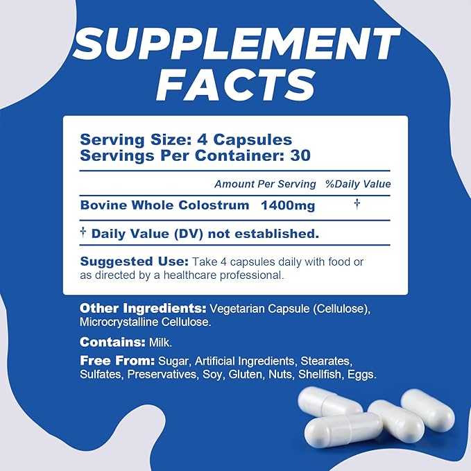 Organic Bovine Colostrum Capsules, 1400mg Colostrum Supplement Powder for Immune & Gut Support, Energy Support, Skin Health, Hair Growth - No Fillers, Non-GMO, 120 Capsules
