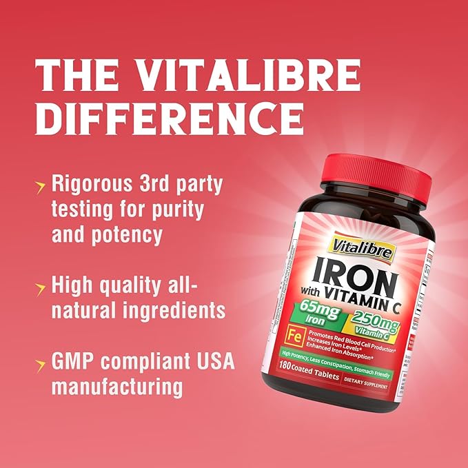 Iron Supplement, 65mg Carbonyl Iron with 250mg Vitamin C, Stomach Friendly Iron Pills for Blood Building Women & Men, High Absorption, No Nausea, No Constipation, Non-GMO, No Gluten, 180 Vegan Tabs