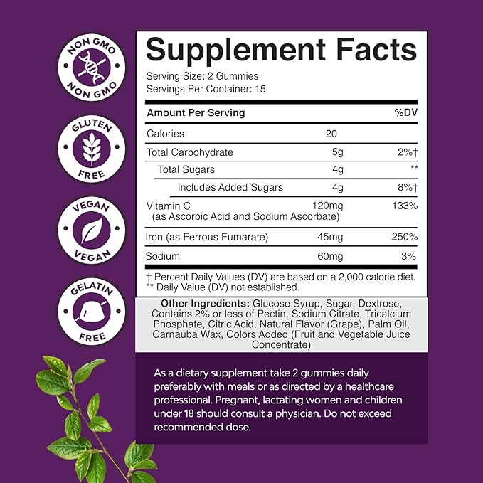 Extra Strength Iron Supplement Gummies for Women & Men - Chewable Iron with Vitamin C & B Complex for Energy Blood Builder & Immune Support - Increase Red Blood Cells Supplement - 30 Count