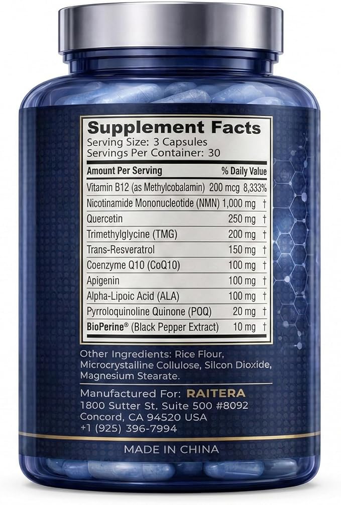 NMN Supplement 1000mg – 10 in 1 Advanced NAD+ Support with Quercetin, TMG, Resveratrol, ALA, CoQ10 & Apigenin – NMNH Alternative for Women & Men – Supports Cellular Energy & NAD+ Levels – 90 Capsules