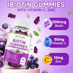 Sugar Free Biotin Hair, Skin & Nails Gummies, Supports Healthy Hair, Skin and Stronger Nails, with Vitamin C, Zinc Chewable Vitamin B7 Supplements for Women & Men, Vegan, Non-GMO, Grape, 60 Count