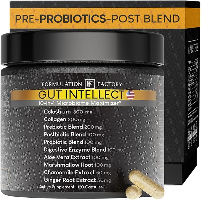 Formulation Factory Probiotics for Women & Men - Gut Intellect 10-in-1 Digestive Enzymes with Prebiotics and Postbiotics - Total Gut Health Supplement - 120 Capsules, 2 Month Supply
