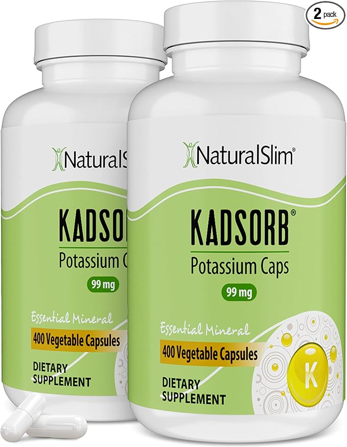 NaturalSlim Natural Potassium Citrate Gluconate 99 mg - Kadsorb Supports Electrolyte Balance & Normal pH - Absorbable Potassium Supplements with Essential Minerals - Non GMO 400 Capsules 2 Pack