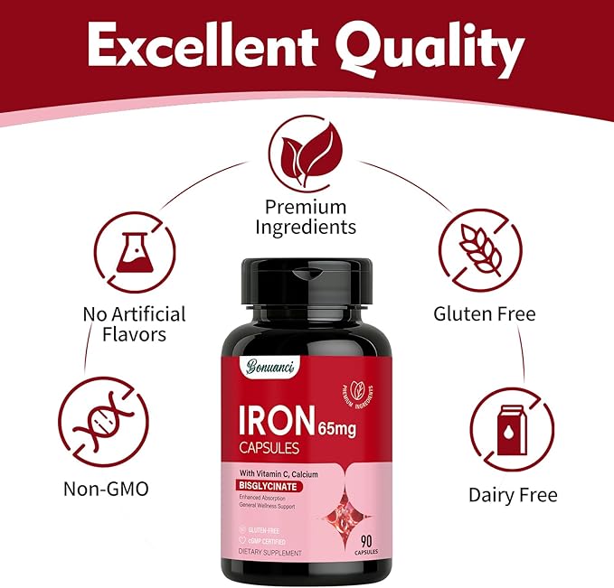 Iron Supplement - Iron 65mg High Absorption Iron Bisglycinate with Vitamin C, Calcium, Gentle Iron Pills for Women Men - Non GMO & Gluten Free, Stomach Friendly, 90 Capsules