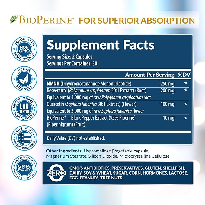 NMNH Supplement (NMN Alternative) NAD Booster for Anti-Aging, Cellular Energy & Nice Skin- Dihydronicotinamide mononucleotide, Resveratrol, Quercetin & BioPerine® for Max Absorption- 60 caps