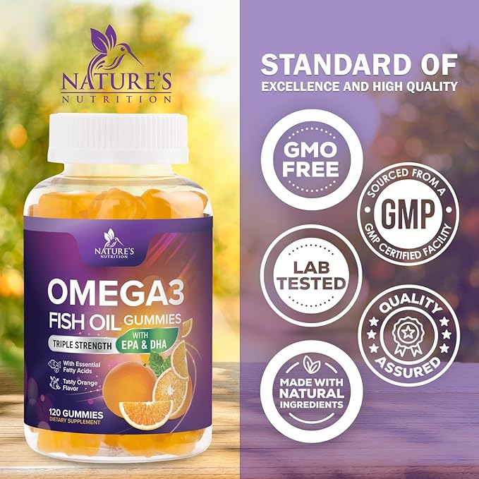 Omega 3 Fish Oil Gummies - 3X Strength Heart Health Support - High Absorption Omega 3 Fish Oil Gummy Supplement with DHA & EPA - Joint & Brain Support for Adults - Tasty Orange Flavor - 120 Gummies