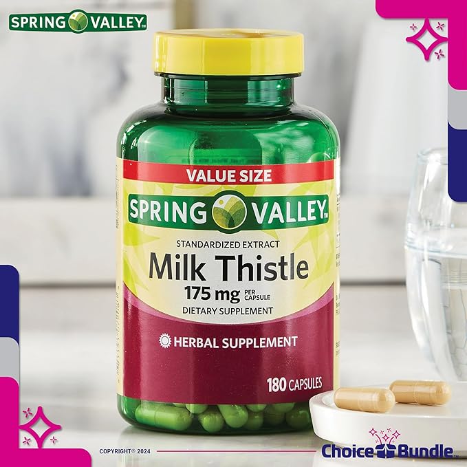 CHOICE BUNDLE Spring Valley Standardized Extract Milk Thistle Dietary Supplement Capsules 175 mg 180 Ct 2 pk (360 Total) + Vitamin Guide and Pill Container (4 Items)!